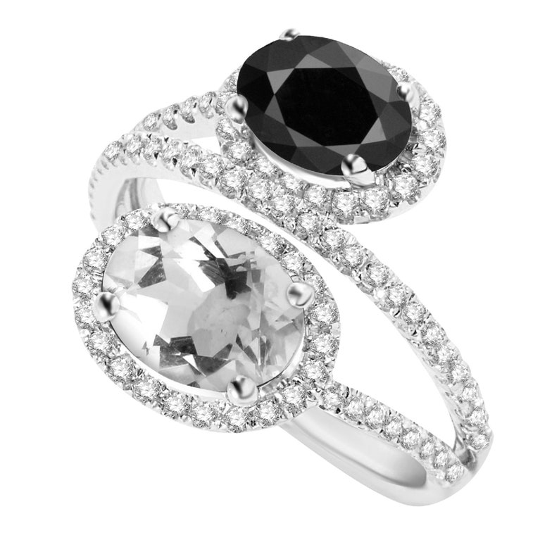 Sterling Silver with Oval Shape Natural Black Spinel and White Topaz Bypass Ring
