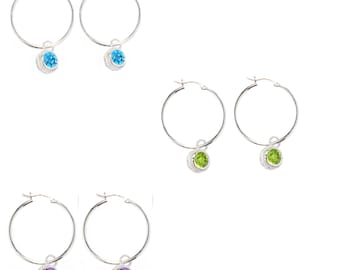 V3 Jewelry® 925 Sterling Silver with Choice of Natural Gemstone Charm Hoop Earrings - Gift for her