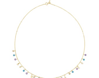 V3 Jewelry® Gold Over Sterling Silver Natural Apatite, Amethyst and Champagne Zircon Angle Personalized Necklace with 18" Cable chain