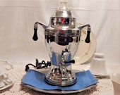 Art Deco CHAMPION 7-Piece Chrome-Plated Electric Percolator with Extended Ebony Handles Feet C. 1930