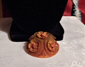Vintage 1930s Thick, Hand-Carved, BAKELITE Brooch, HandPainted Orange, Green, Yellow Wildflowers Bouquet Carved Into Butterscotch Bakelite