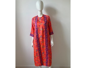 Vintage 1970s Dress / 70s Neon Orange Floral Caftan Dress / Medium