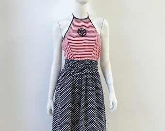 1970s Dress / 70s Nautical Red White and Blue Dress / Small