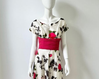 1950s Dress / 50s Rose Print Silk Dress / Extra Small