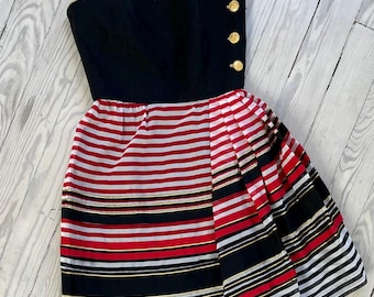 1980s Dress / 80s Albert Nipon Nautical Strapless Dress / Small