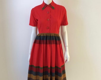 1950s Dress / 50s Red Striped Cotton Shirtdress / Small