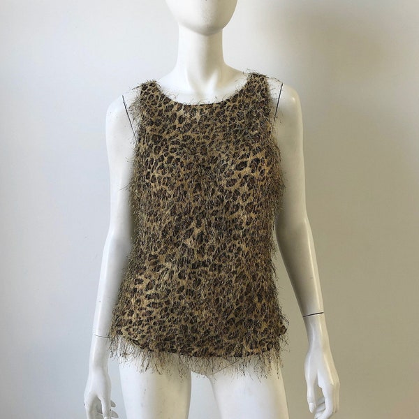 1990s Tank / 90s Leopard Eyelash Fringe Tank / Medium