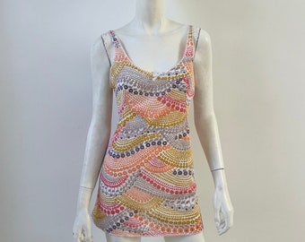 Vintage 1970s Nightgown / 70s Colorful Polka Dot and Floral Mini Slip Dress / Small