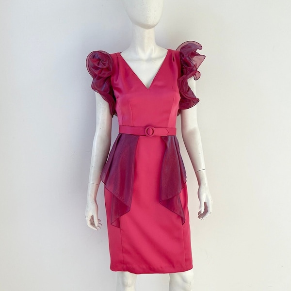 1980s Dress / 80s Ruffled Pink Cocktail Dress /  Extra Small