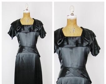 SALE Vintage 1940s Dress / 40s Black Satin Dress / One Size