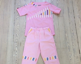1980s Set / 80s Pink Free Lady Top & Pants Set / Extra Small