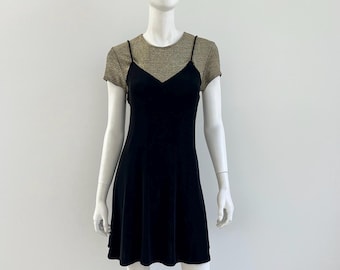 1990s Dress / 90s Gold Lurex and Black Jersey Baby Doll Dress / Medium