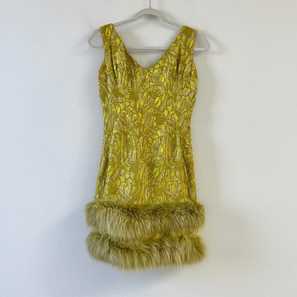 1960s Dress / 60s Chartreuse Brocade Fox Fur Trim Dress / Extra Small