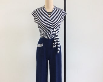 1970s Jumpsuit / 70s Navy Striped Nautical Jumpsuit / Small