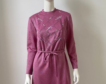 Vintage 1970s Dress /70s Pink Silver Lurex Metallic Beaded Dress / Medium
