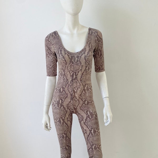 1970s Jumpsuit / 70s Snakeskin Print Catsuit / Small