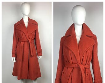 Vintage 70s Coat / 1970s Orange Wool Wrap Trench Coat / M/L
