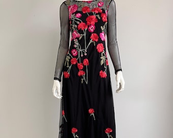 2000s Dress / Y2K Black Mesh Maxi Dress with Floral Embroidery / Petite Small