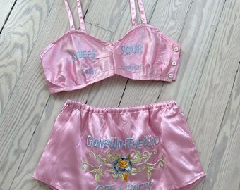 1940s Lingerie Set / 40s WWII Pink Satin Lingerie Novelty Souvenir Set / Small