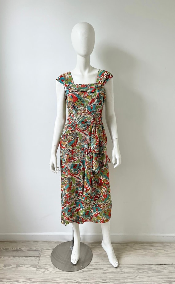 1940s Dress / 40s Novelty Print Silk Dress / Mediu