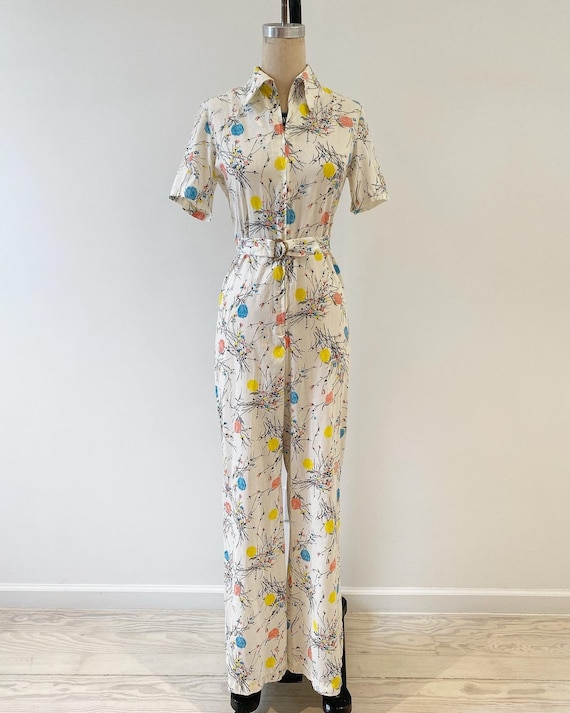 Vintage 1970s Jumpsuit / 70s Floral Coverall Jumps
