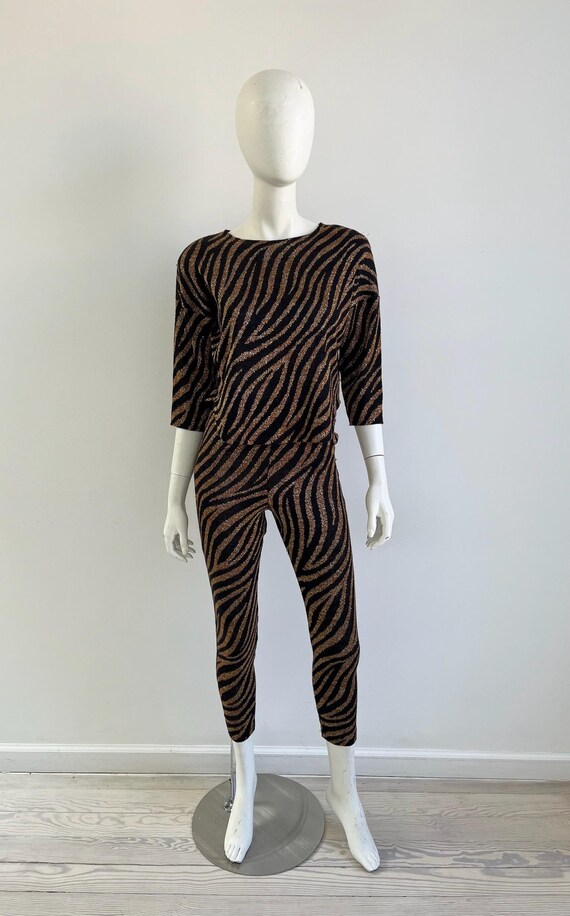 1980s Set / 80s Metallic Tiger Print Knit Pant Set / Small