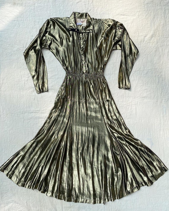 Vintage 1980s Dress /80s Gold Lamé Dress / Small