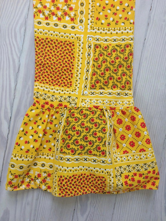 1970s Pants / 70s Yellow Floral Patchwork Ruffled Pan… Gem