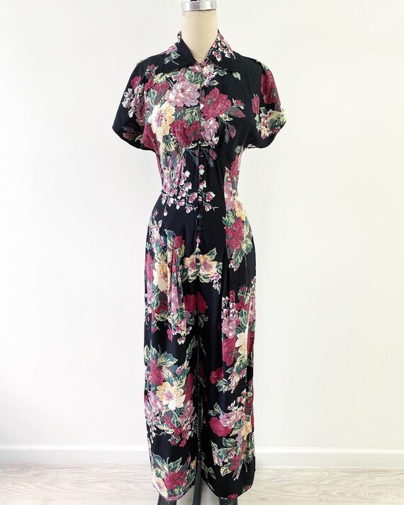 Vintage 1980s Jumpsuit / 90s Black Floral Jumpsuit