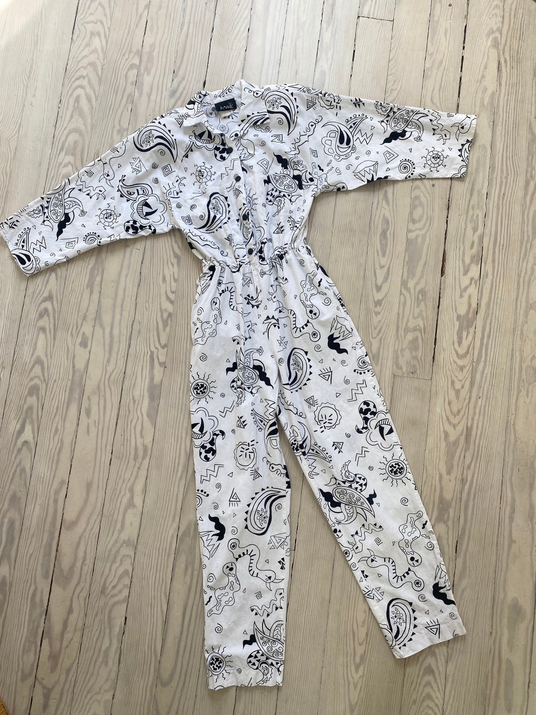 Vintage 1980s Jumpsuit / 80s Black and White Doodle Print Jumpsuit ...
