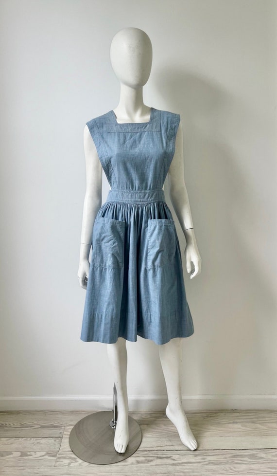 1940s Dress / 40s Chambray Dress / Small