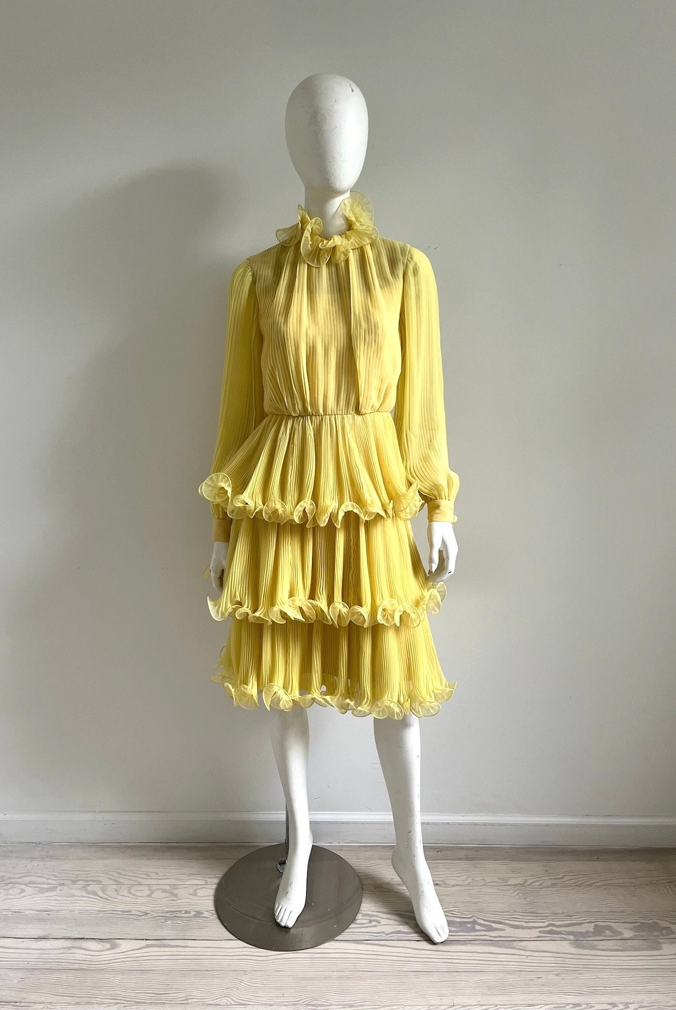 1970s Dress / 70s Travilla Yellow Silk Chiffon Pleated and Ruffled Dress / Small