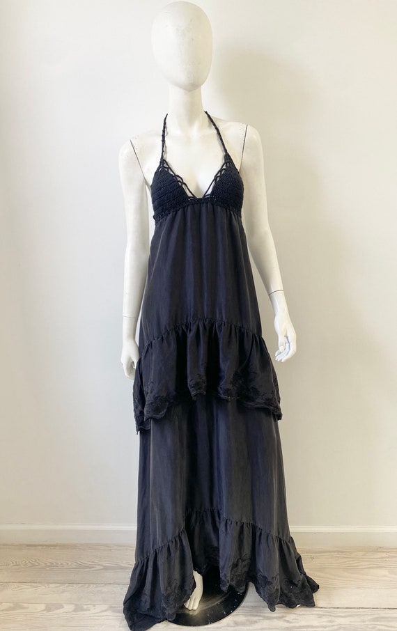 1990s Dress / 90s Crochet and Silk Halter Maxi Dr… - image 1