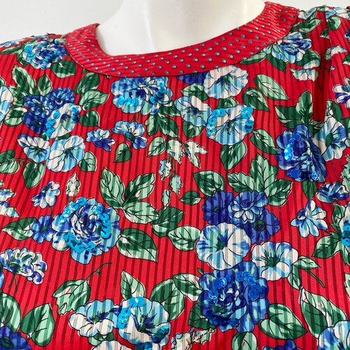 1980s shops Dress / 80s Diane Freis Red and Blue Floral Dress / Medium