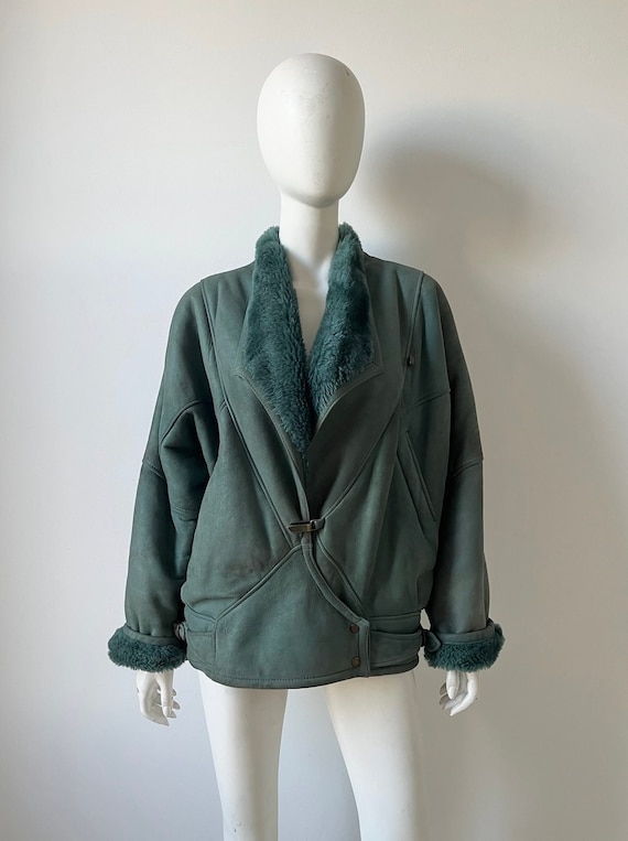 1980s Jacket / 80s Teal Shearling Sheepskin Jacket