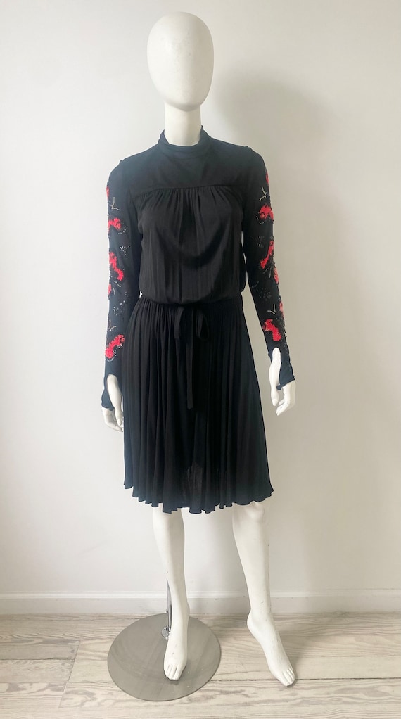 1970s Dress / 70s Jean Varon Black Butterfly Sequ… - image 2