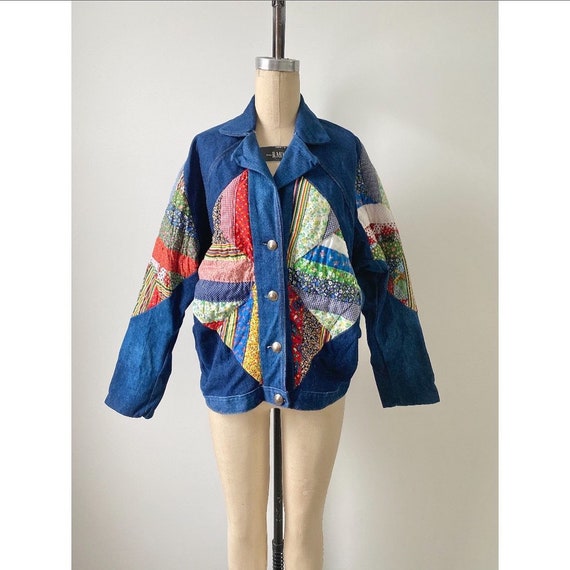 Vintage 1970s Jacket / 80s Denim and Colorful Quil