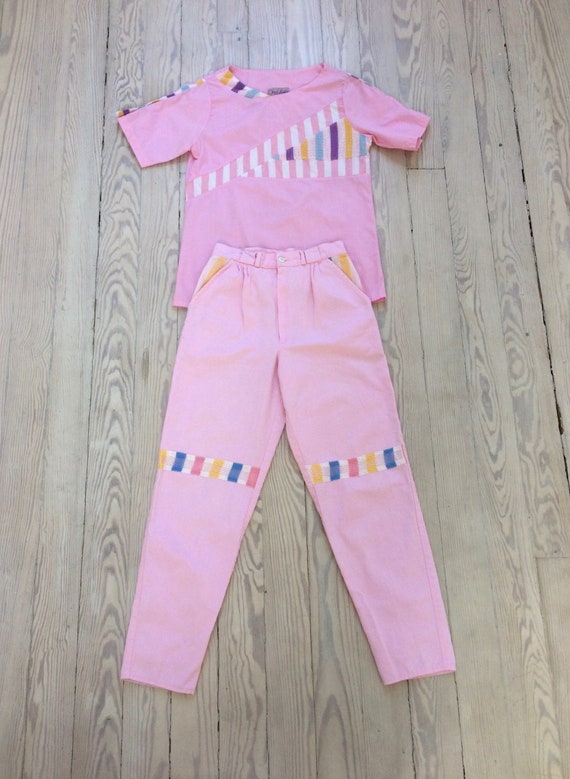 1980s Set / 80s Pink Free Lady Top & Pants Set / … - image 1