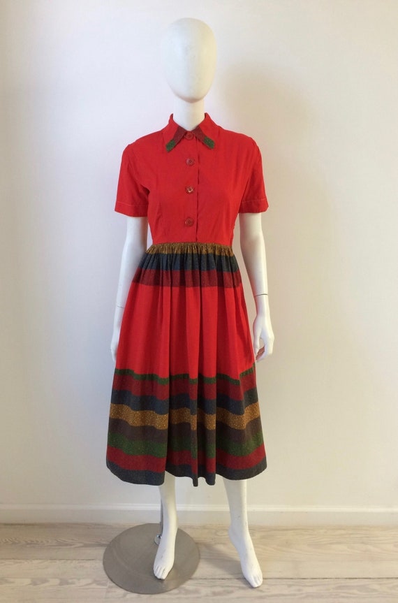 1950s Dress / 50s Red Striped Cotton Shirtdress / 