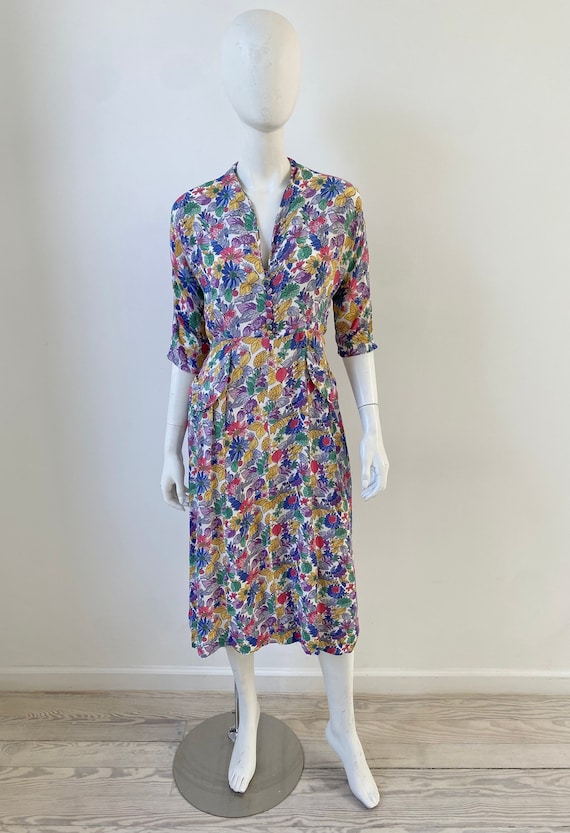 1940s Dress / 40s Rainbow Floral Dress / Medium