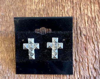 Vintage 80s Silver Tone Sudded Cross Earrings