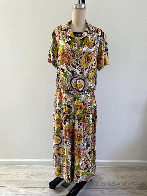 Vintage 1940s Tropical Print Silky Matching Set - image 1
