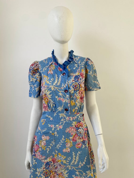 1940s Dress / 40s Blue Floral Dressing Gown / Med… - image 2
