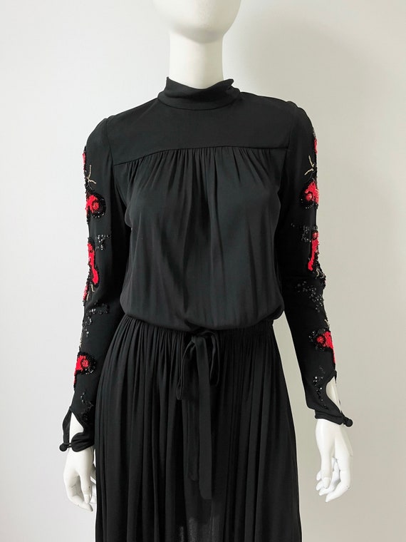 1970s Dress / 70s Jean Varon Black Butterfly Sequ… - image 5