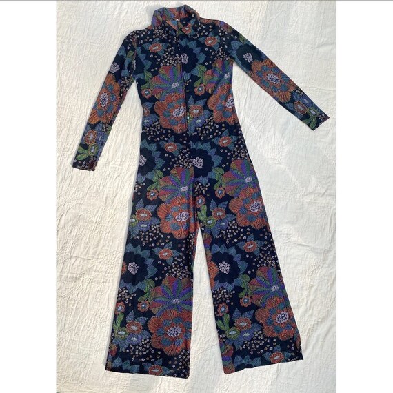Vintage 1970s Jumpsuit / 70s Black Floral Jumpsuit