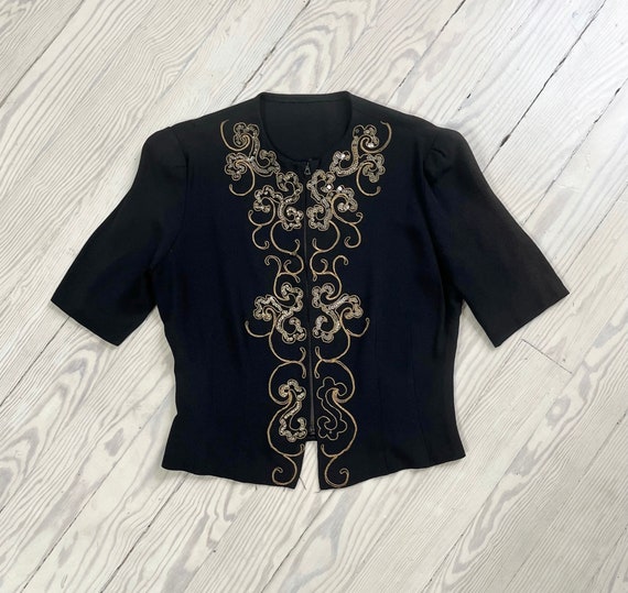 1940s Top / 40s Black Zip Front Sequined Blouse /… - image 3