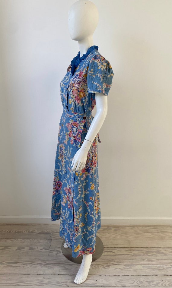 1940s Dress / 40s Blue Floral Dressing Gown / Med… - image 6