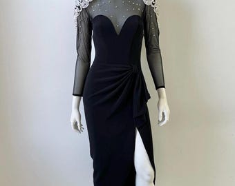 1990s Dress / 90s Sexy Black Mesh Body Con Dress / XS to Small