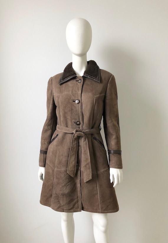 1970s Coat / 70s Brown Shearling Coat with Leather