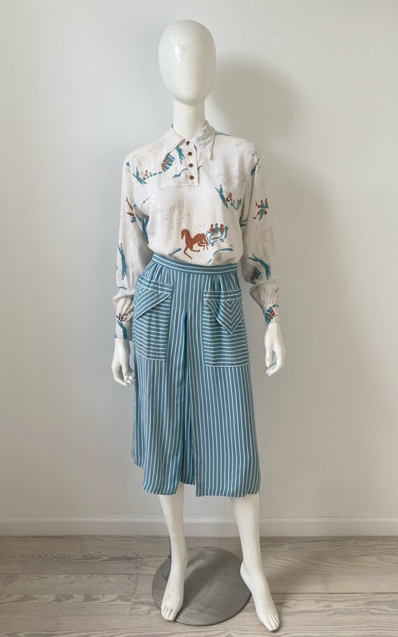 1940s Skirt / 40s Blue Striped Skirt / Extra Small